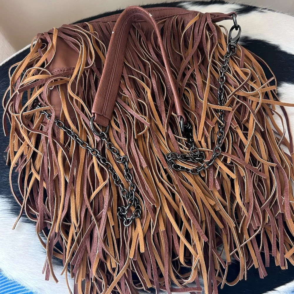 Steve Madden Brown Fringe Faux Leather Shoulder Bag - Picture 5 of 6